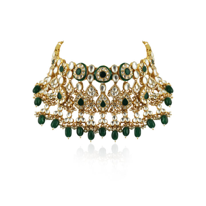Green Meenakari Double Layered Necklace Set
