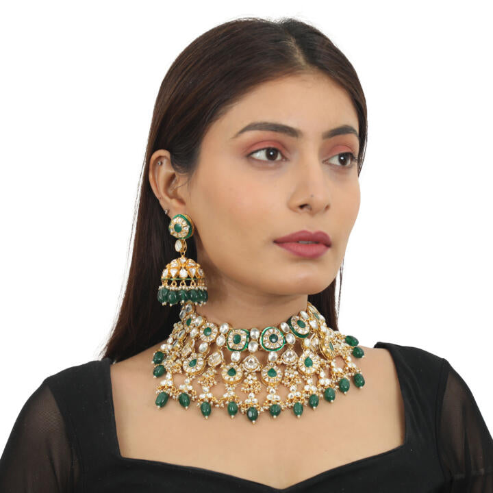 Green Meenakari Double Layered Necklace Set