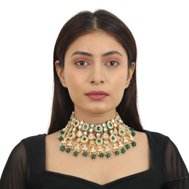 Green Meenakari Double Layered Necklace Set
