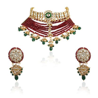 White Choker Set Attached In 8 Line Red Beads With Green Hanging