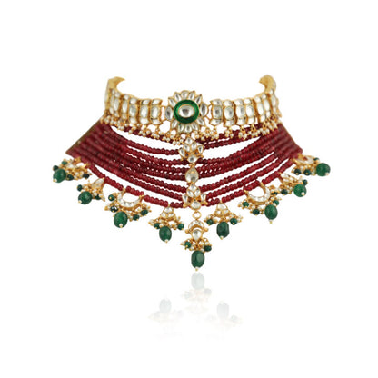 White Choker Set Attached In 8 Line Red Beads With Green Hanging