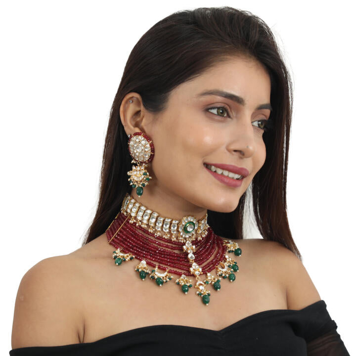 White Choker Set Attached In 8 Line Red Beads With Green Hanging