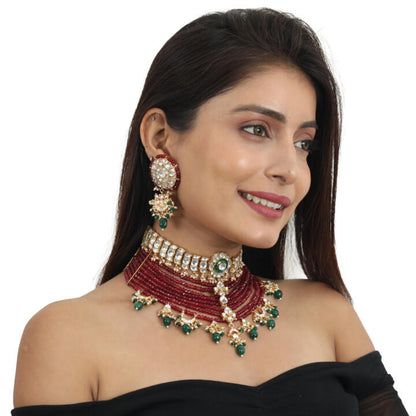 White Choker Set Attached In 8 Line Red Beads With Green Hanging