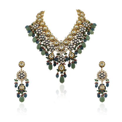 Blue Meena Work Long Necklace Set With Blue And Sea Green Beads