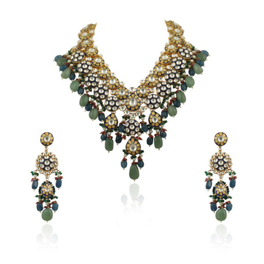 Blue Meena Work Long Necklace Set With Blue And Sea Green Beads
