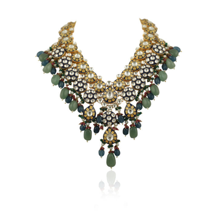 Blue Meena Work Long Necklace Set With Blue And Sea Green Beads