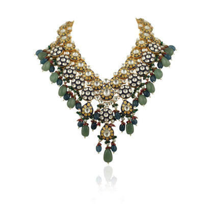 Blue Meena Work Long Necklace Set With Blue And Sea Green Beads