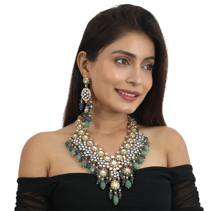 Blue Meena Work Long Necklace Set With Blue And Sea Green Beads