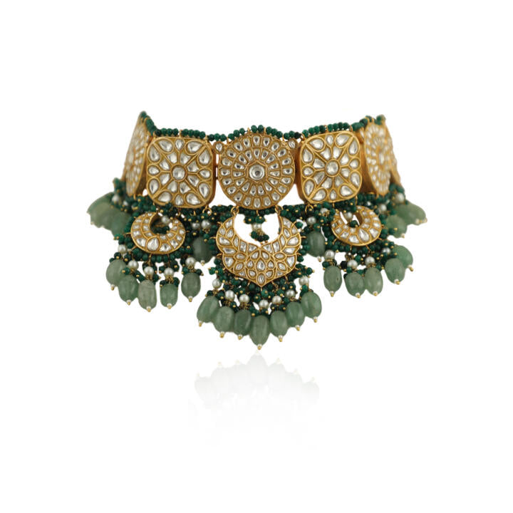 White Jadtar Stone Necklace Set With Green Moti Work And Sea Green Beads