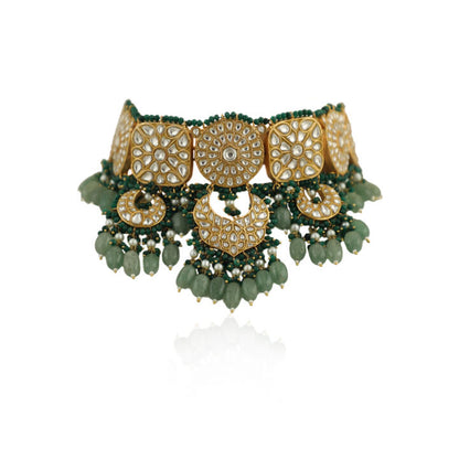 White Jadtar Stone Necklace Set With Green Moti Work And Sea Green Beads