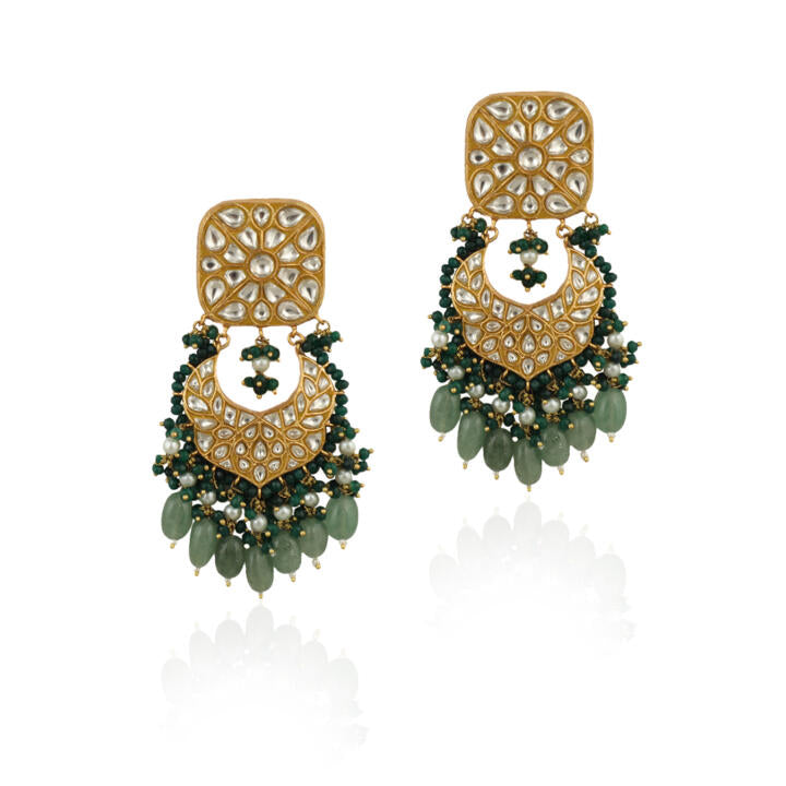 White Jadtar Stone Necklace Set With Green Moti Work And Sea Green Beads