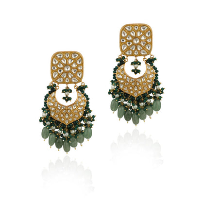 White Jadtar Stone Necklace Set With Green Moti Work And Sea Green Beads