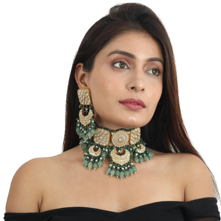 White Jadtar Stone Necklace Set With Green Moti Work And Sea Green Beads