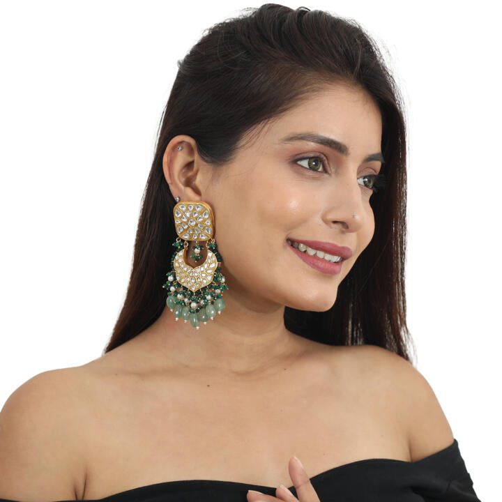 White Jadtar Stone Necklace Set With Green Moti Work And Sea Green Beads