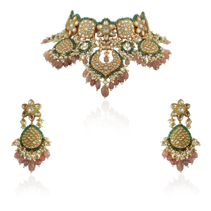 White Heavy Necklace Set With Pastel Pink Beads Green Moti Work