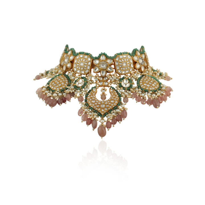 White Heavy Necklace Set With Pastel Pink Beads Green Moti Work