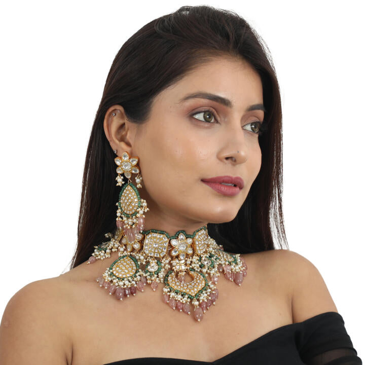 White Heavy Necklace Set With Pastel Pink Beads Green Moti Work
