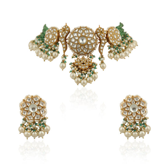 White And Light Green Choker Set With Pearls