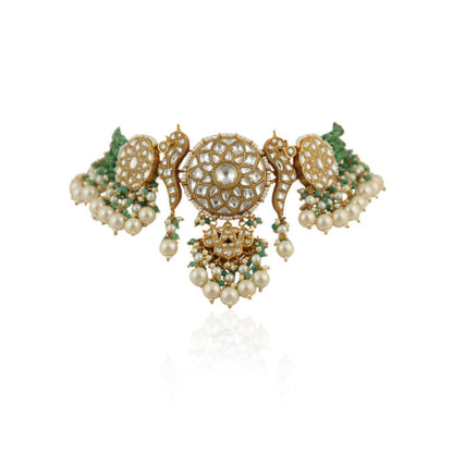 White And Light Green Choker Set With Pearls