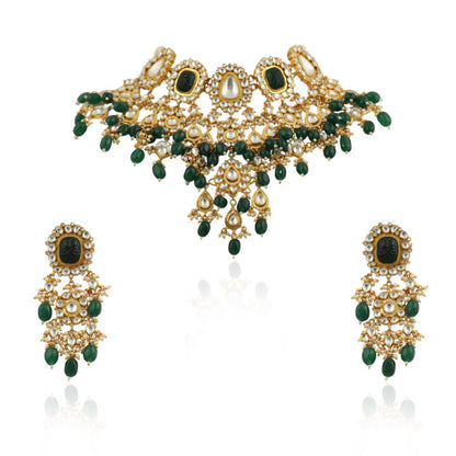 Big White And Green Stone With Green Beads Heavy Bridal Set