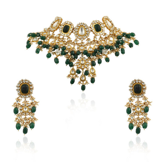 Big White And Green Stone With Green Beads Heavy Bridal Set
