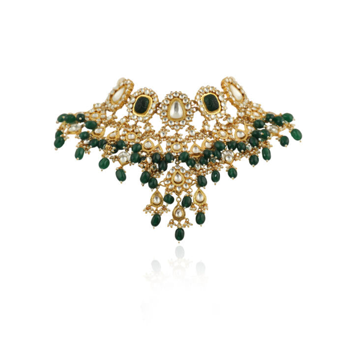 Big White And Green Stone With Green Beads Heavy Bridal Set