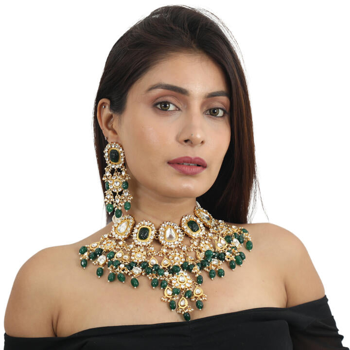 Big White And Green Stone With Green Beads Heavy Bridal Set