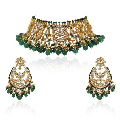 Heavy White Choker Set With Green Beads