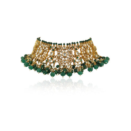 Heavy White Choker Set With Green Beads