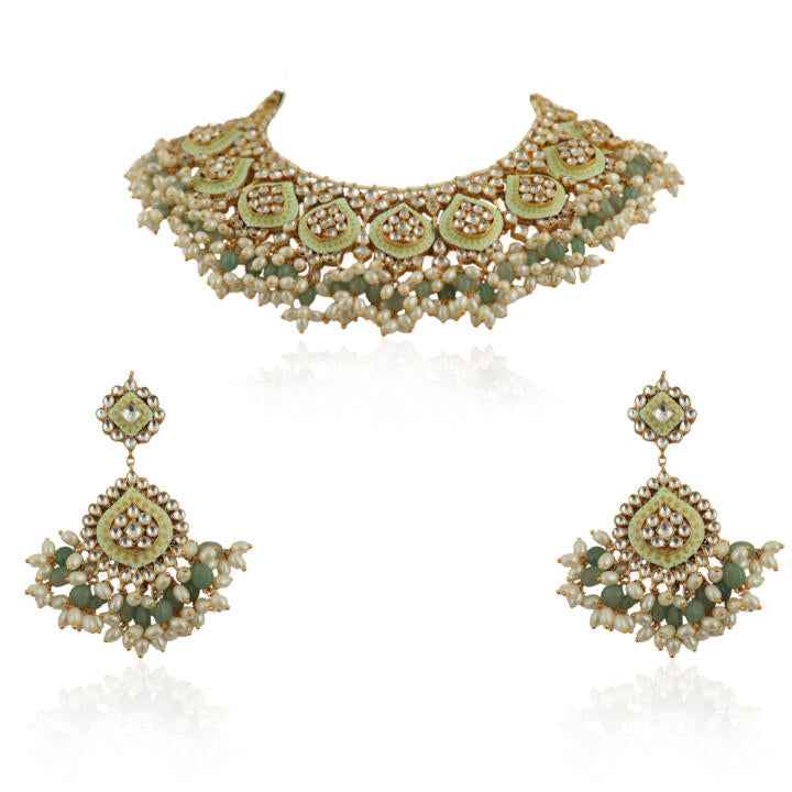 Pista  Meena Work Necklace Set With Small White Pearls And Sea Green Beads