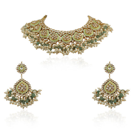 Pista  Meena Work Necklace Set With Small White Pearls And Sea Green Beads
