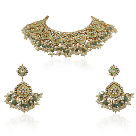 Pista  Meena Work Necklace Set With Small White Pearls And Sea Green Beads