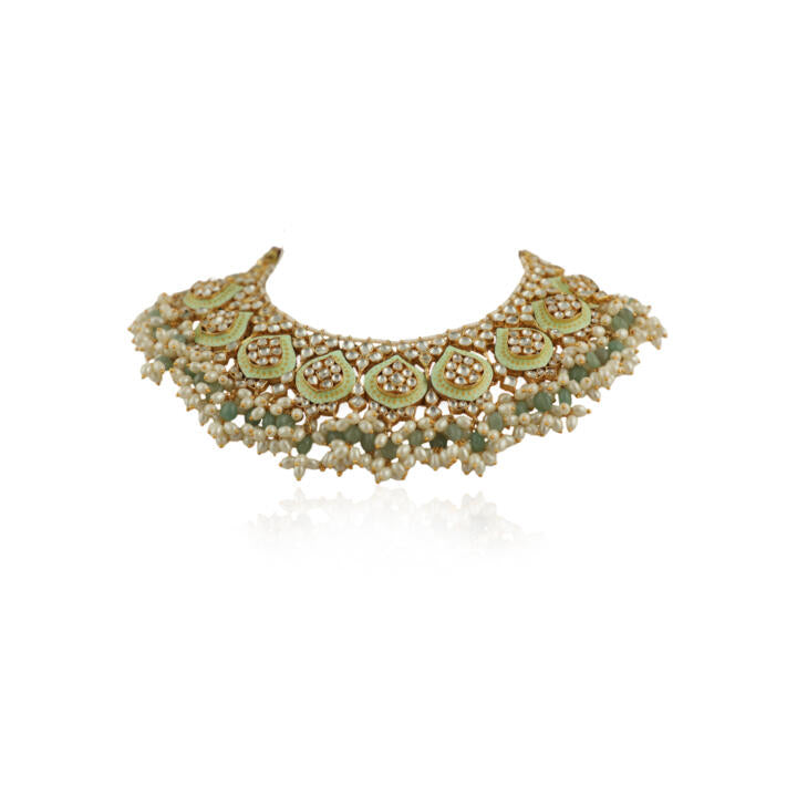 Pista  Meena Work Necklace Set With Small White Pearls And Sea Green Beads