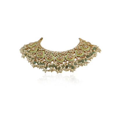 Pista  Meena Work Necklace Set With Small White Pearls And Sea Green Beads