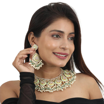 Pista  Meena Work Necklace Set With Small White Pearls And Sea Green Beads