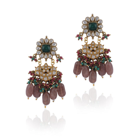 Uniquely Designed Earings In Pink And Green Beads