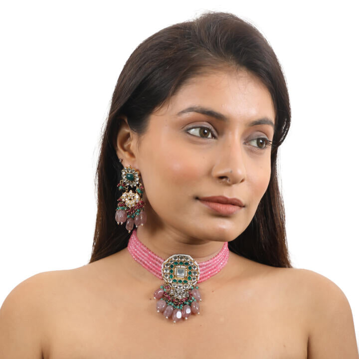 Pink Choker Set With Multi Colour Beads
