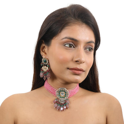 Pink Choker Set With Multi Colour Beads