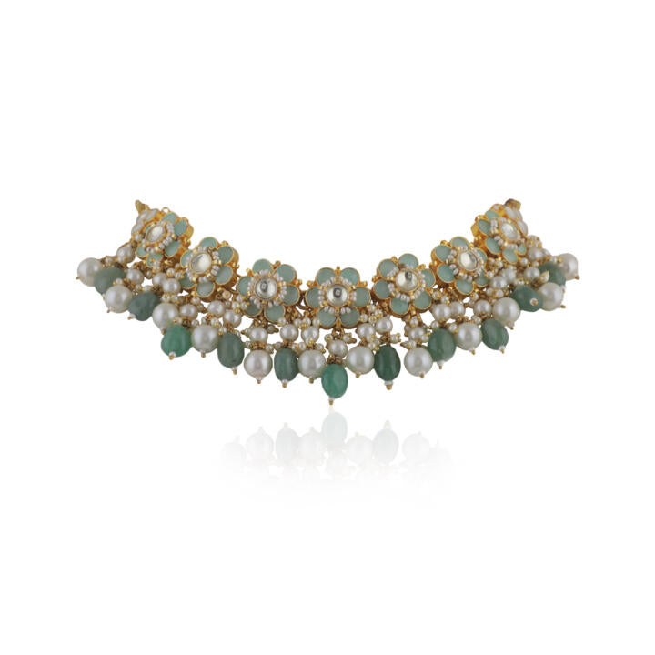 Delicate Jade Green Floral Necklace With Sea Green Beads And Pearls