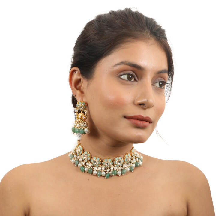 Delicate Jade Green Floral Necklace With Sea Green Beads And Pearls