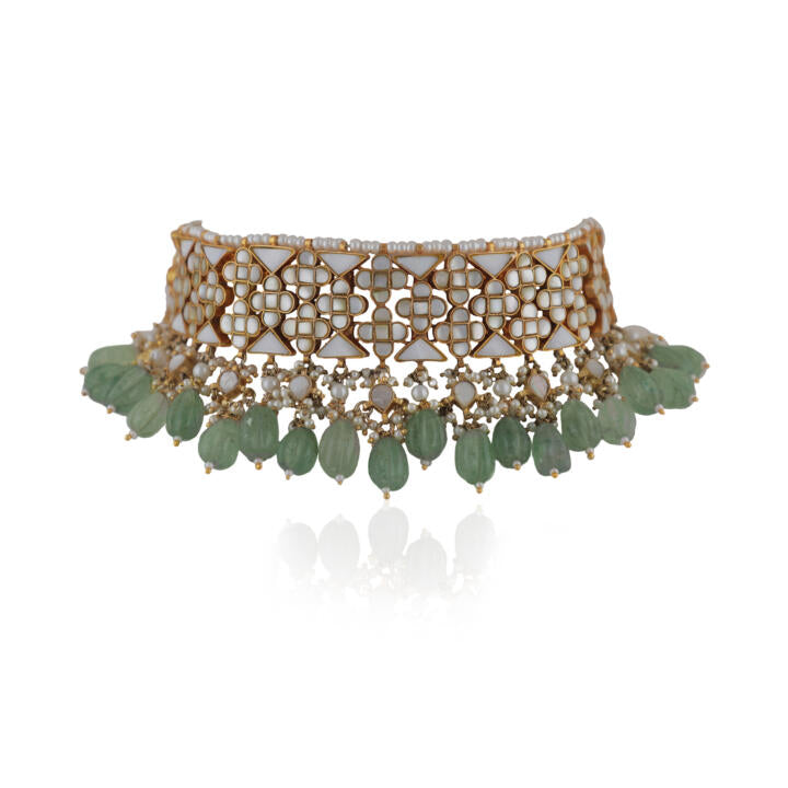 Unique Choker With Mother Of Pearl Stones, Beaded With Sea Green Pearls
