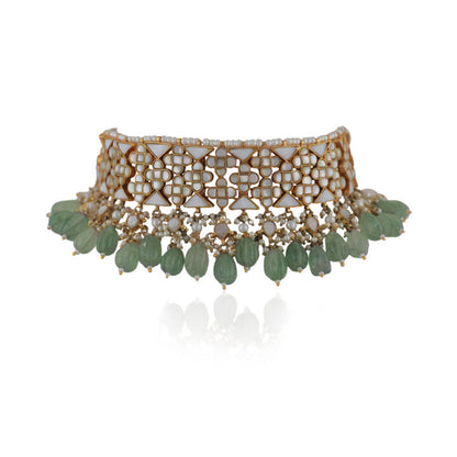 Unique Choker With Mother Of Pearl Stones, Beaded With Sea Green Pearls