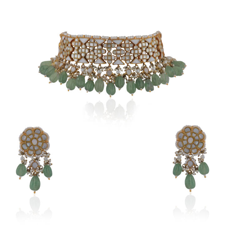 Unique Choker With Mother Of Pearl Stones, Beaded With Sea Green Pearls