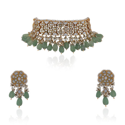 Unique Choker With Mother Of Pearl Stones, Beaded With Sea Green Pearls