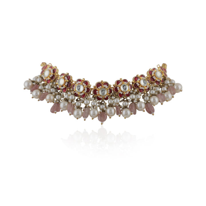 Delicate Choker Necklace With Floral Motives And Jhumki Earings In Pink Stones And Pearl Drops