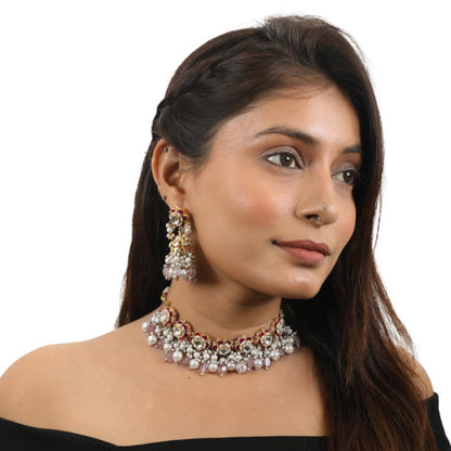 Delicate Choker Necklace With Floral Motives And Jhumki Earings In Pink Stones And Pearl Drops