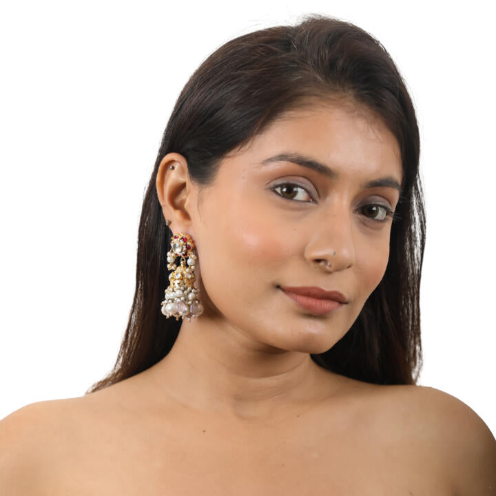 Delicate Choker Necklace With Floral Motives And Jhumki Earings In Pink Stones And Pearl Drops