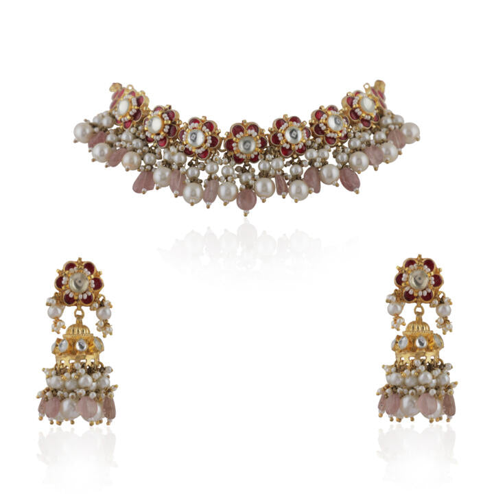 Delicate Choker Necklace With Floral Motives And Jhumki Earings In Pink Stones And Pearl Drops