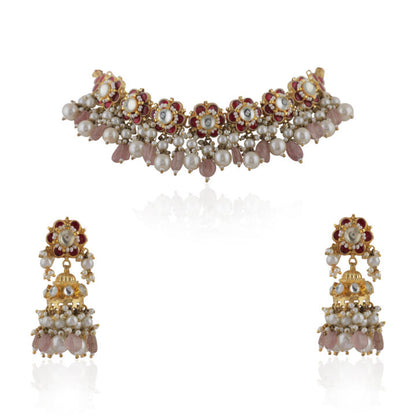 Delicate Choker Necklace With Floral Motives And Jhumki Earings In Pink Stones And Pearl Drops
