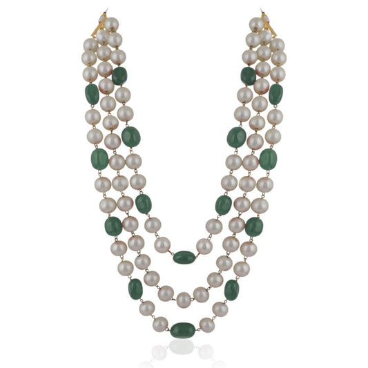 Three String Maala Necklace With Pearls And Emeralds